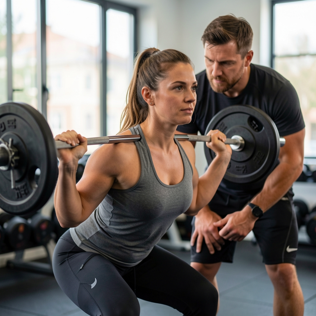 Personal trainer leading a one-to-one strength session in a modern Vienna fitness studio with dark industrial interior