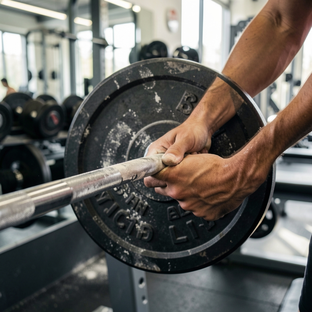 Close-up of hands loading metal weight plates onto a barbell at a strength training station in a Vienna gym, with chalk visible on the bar