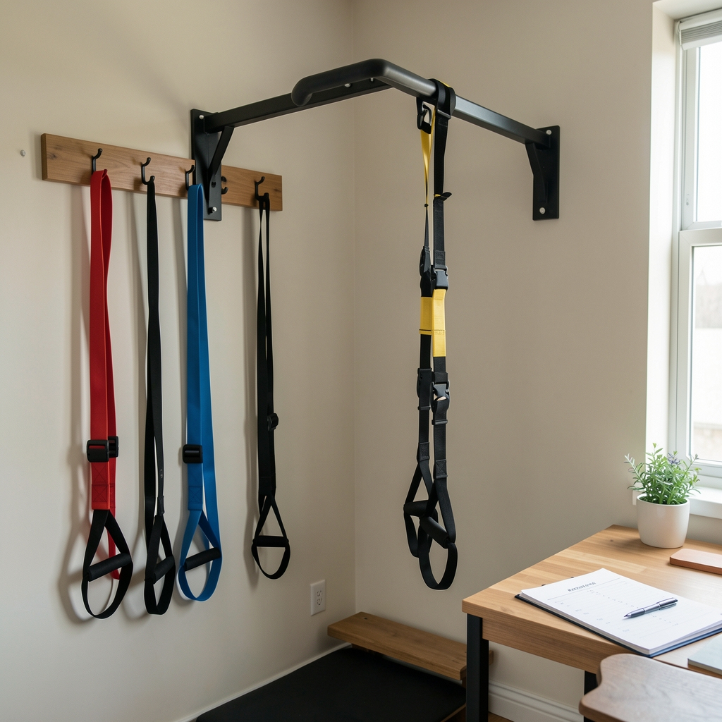 Corner of a training studio with a suspension training rig, resistance bands on hooks, and a small desk with a training log and pen visible
