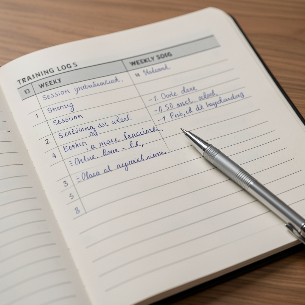 Detail photograph of a training log open to a structured weekly schedule, with handwritten session notes and a mechanical pencil resting across the page